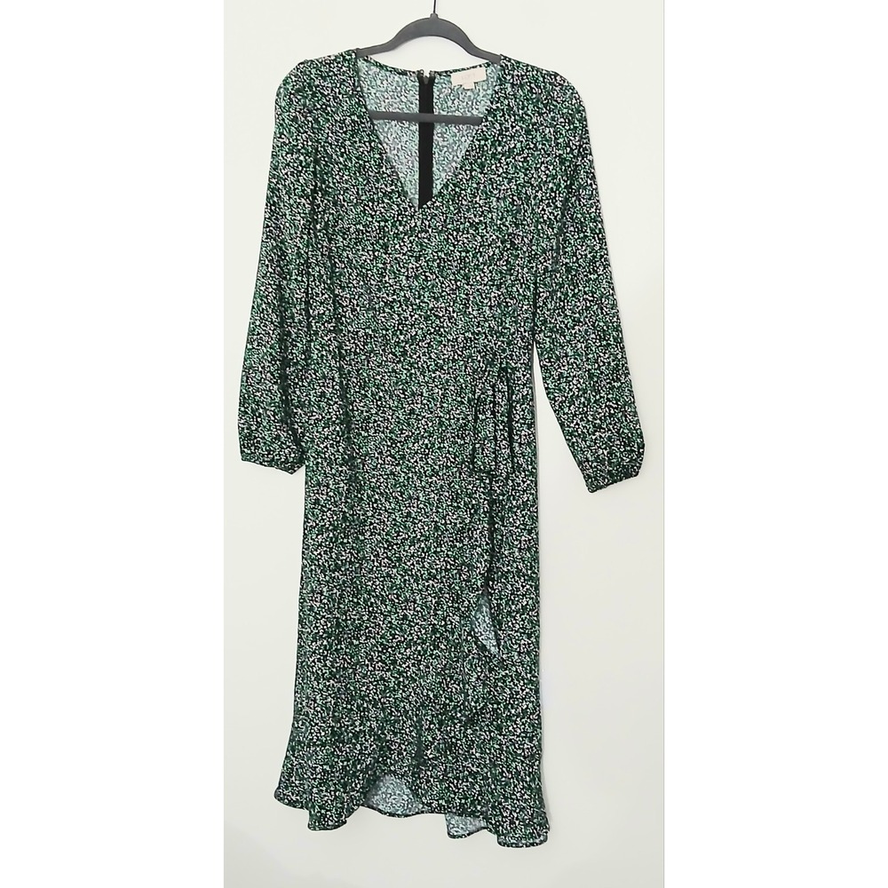 LOFT Ann Taylor Dress Size 2 Green Pink Floral Ruffle Midi Zip Up Long Sleeve